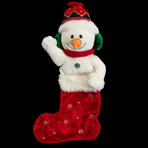 CWC Vintage Snowman Christmas Holiday Stocking White Red Scarf Plush Snow Flakes